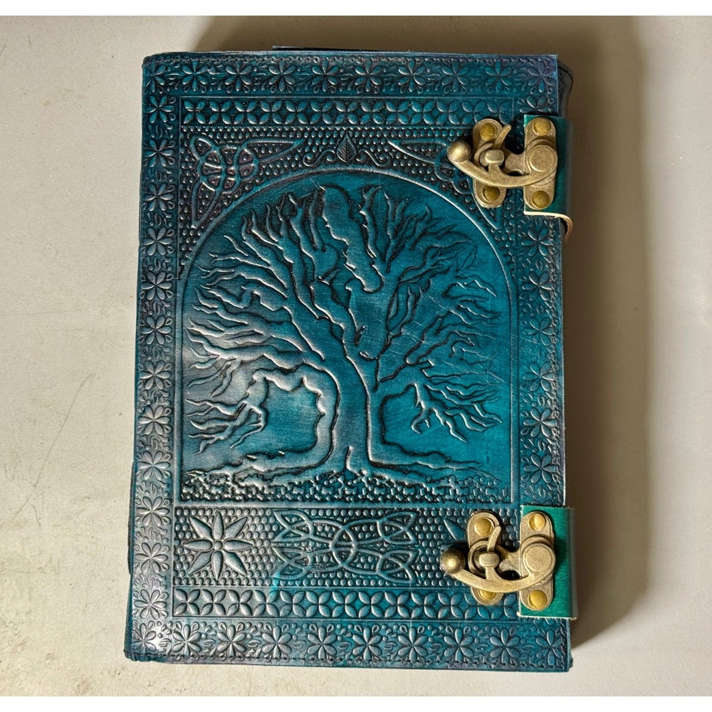 Tree of Life Embossed Teal Leather Journal Diary with Dual Metal Clasps